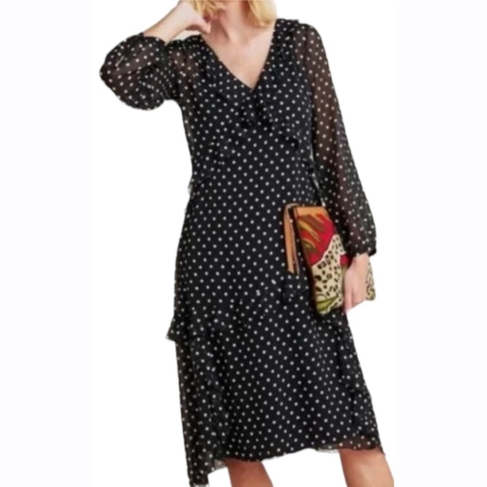 Maeve for Anthropologie Ruffle Chiffon Black White Polka Dot Midi Dress Size XL